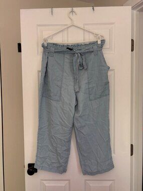 Paperbag Waist Capris/Summer Pants / Light Blue Tie-Waist Wide Leg Pants (XL)